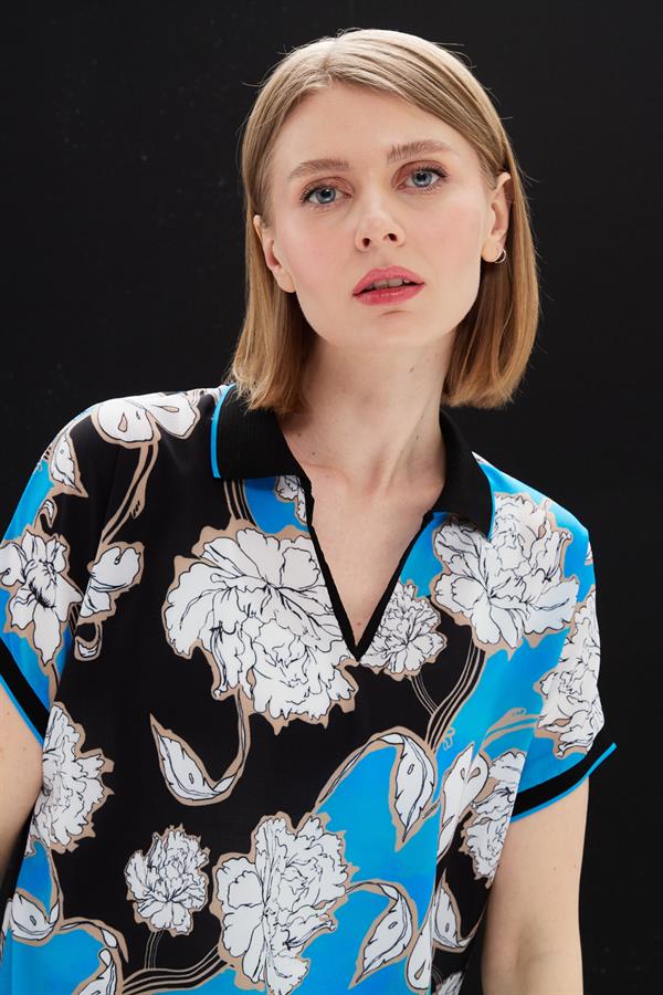 Womens Polo Neck Colored Patterned Blouse S.Blue