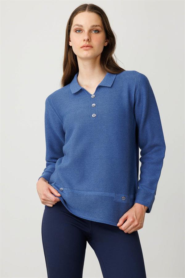 Kadın Polo Yaka Sahte Cepli Kazak İndigo