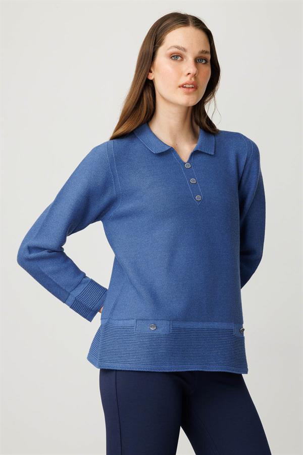 Kadın Polo Yaka Sahte Cepli Kazak İndigo