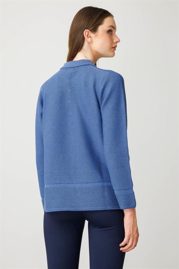 Kadın Polo Yaka Sahte Cepli Kazak İndigo