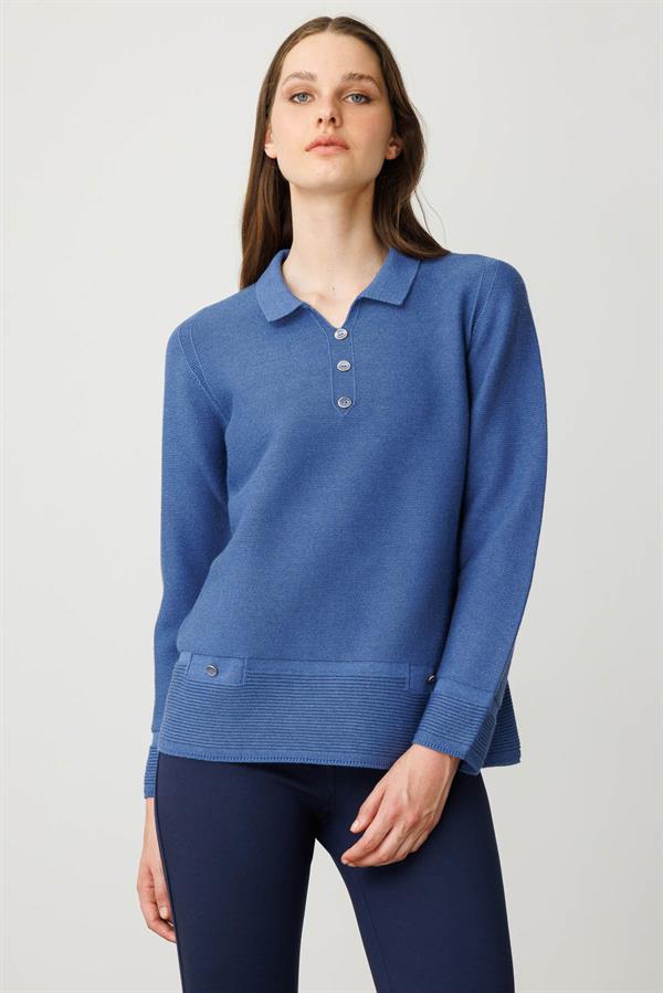 Kadın Polo Yaka Sahte Cepli Kazak İndigo
