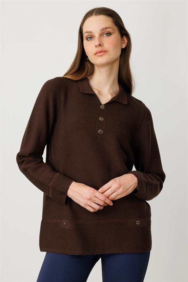 Kadın Polo Yaka Sahte Cepli Kazak Kahve