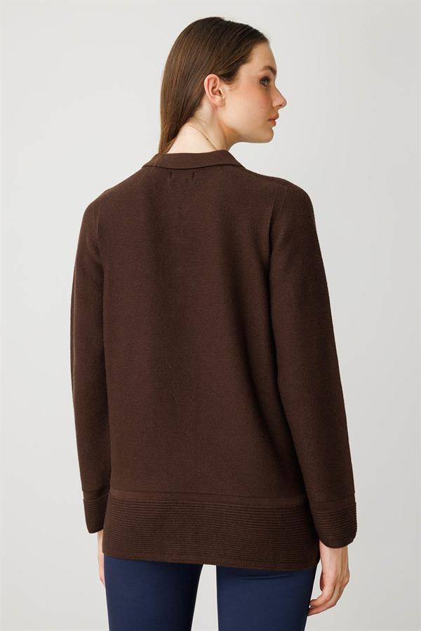 Kadın Polo Yaka Sahte Cepli Kazak Kahve