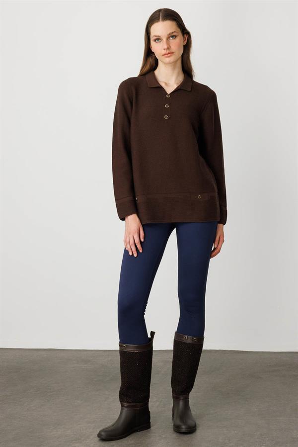 Kadın Polo Yaka Sahte Cepli Kazak Kahve