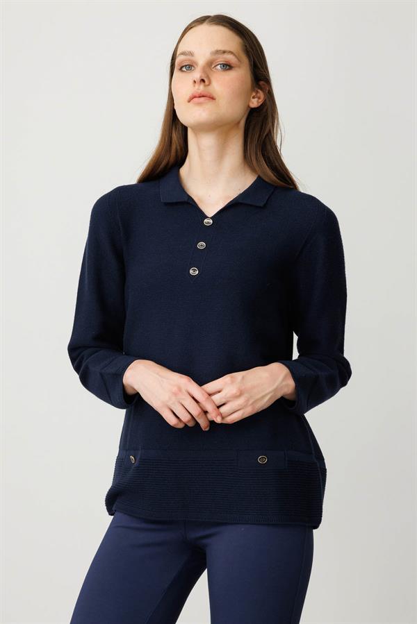 Kadın Polo Yaka Sahte Cepli Kazak K.Lacivert