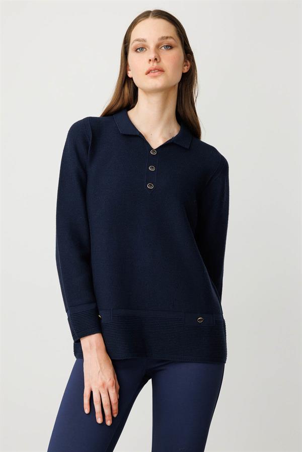 Kadın Polo Yaka Sahte Cepli Kazak K.Lacivert