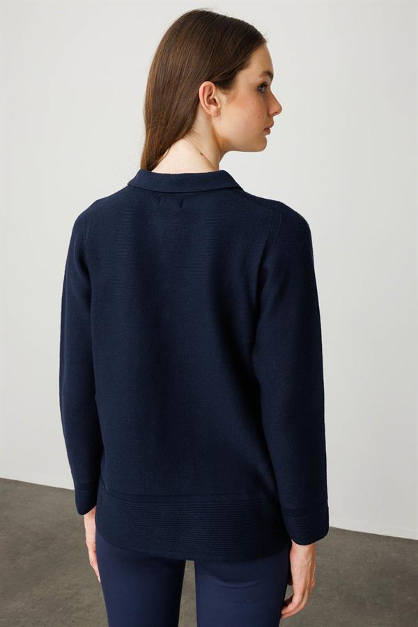 Kadın Polo Yaka Sahte Cepli Kazak K.Lacivert