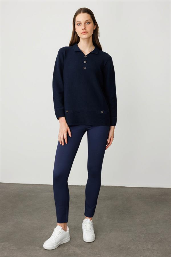 Kadın Polo Yaka Sahte Cepli Kazak K.Lacivert