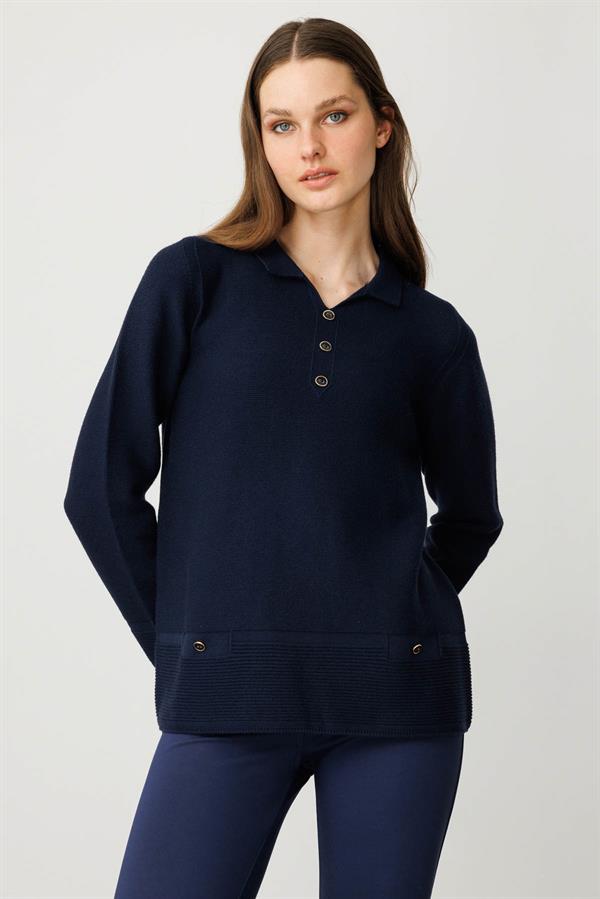 Kadın Polo Yaka Sahte Cepli Kazak K.Lacivert