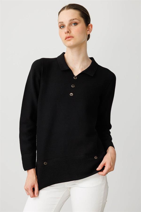 Kadın Polo Yaka Sahte Cepli Kazak Siyah