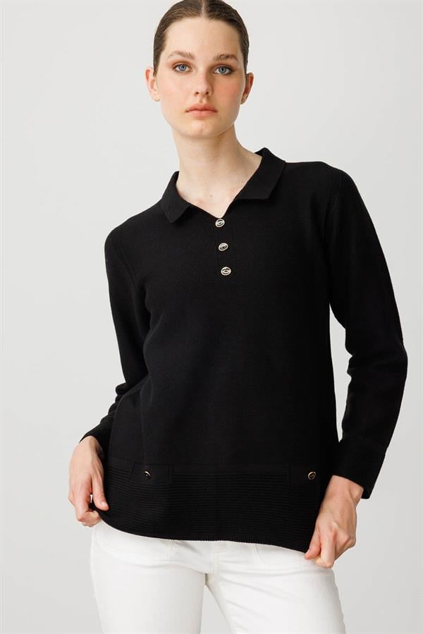 Kadın Polo Yaka Sahte Cepli Kazak Siyah