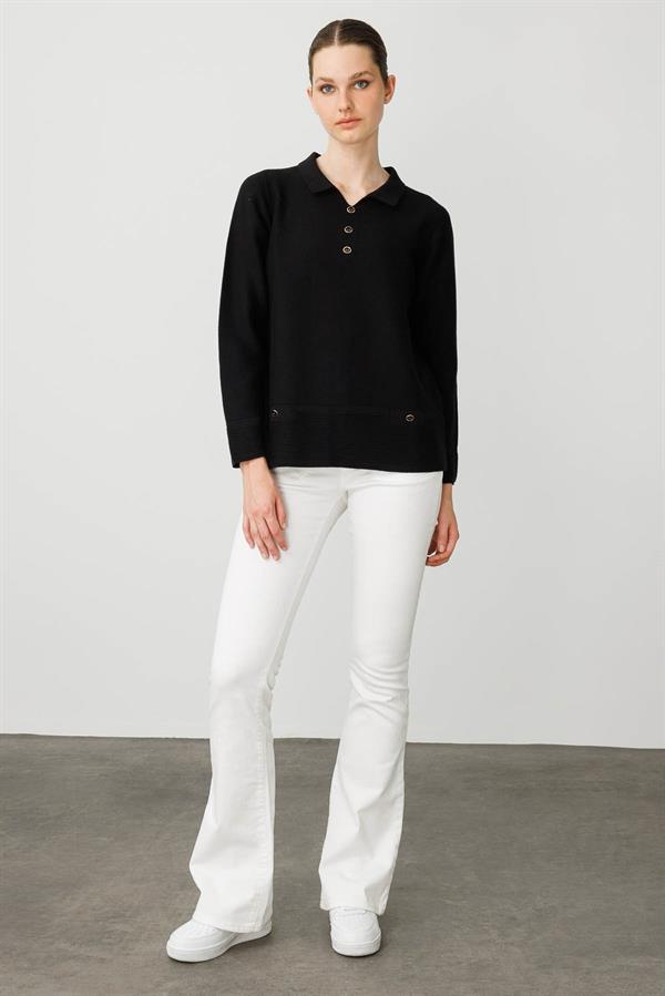 Kadın Polo Yaka Sahte Cepli Kazak Siyah