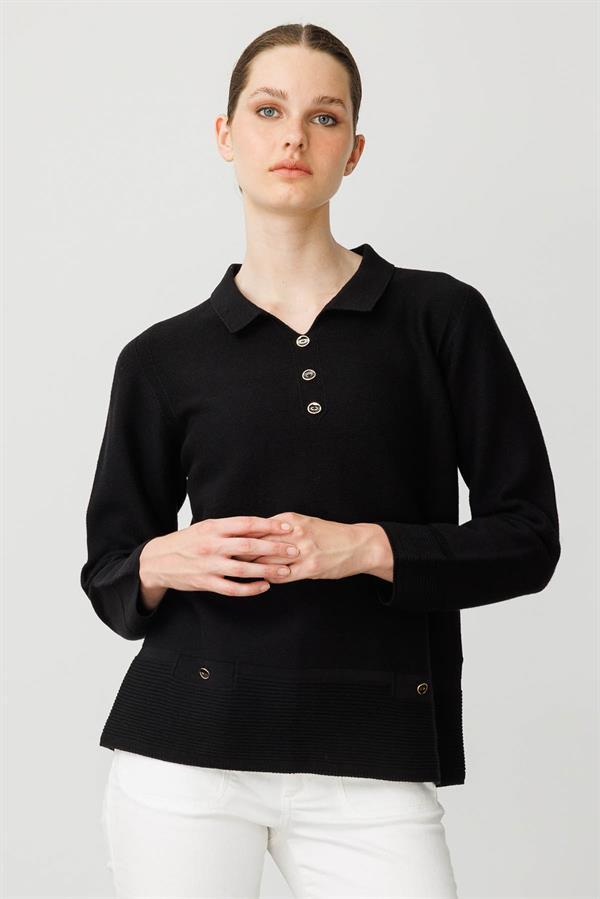 Kadın Polo Yaka Sahte Cepli Kazak Siyah