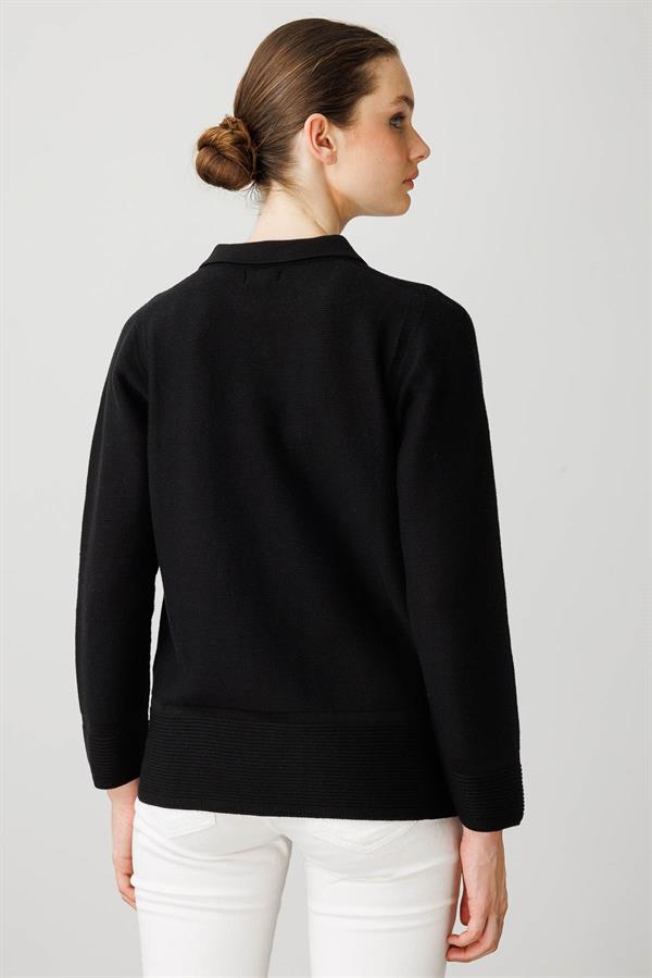 Kadın Polo Yaka Sahte Cepli Kazak Siyah