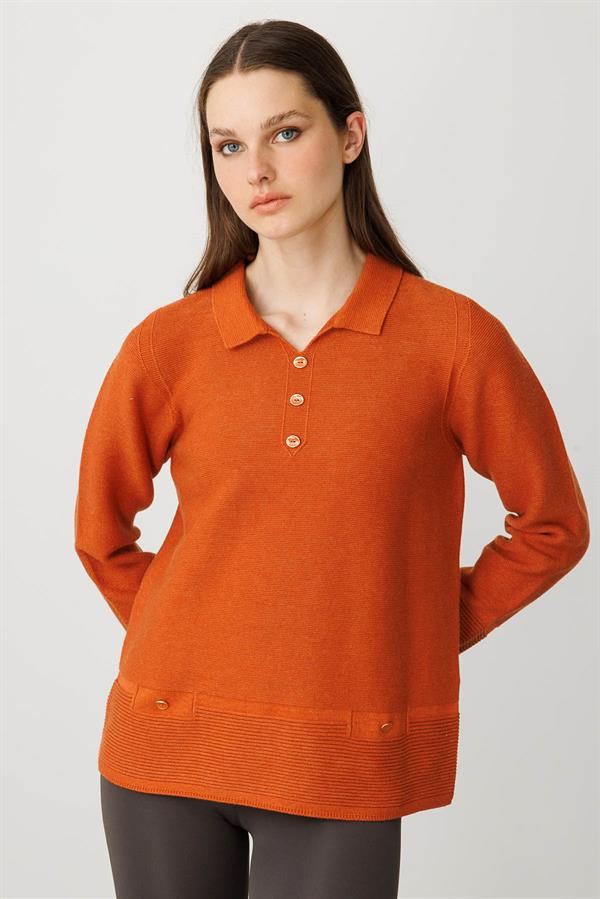 Kadın Polo Yaka Sahte Cepli Kazak Turuncu