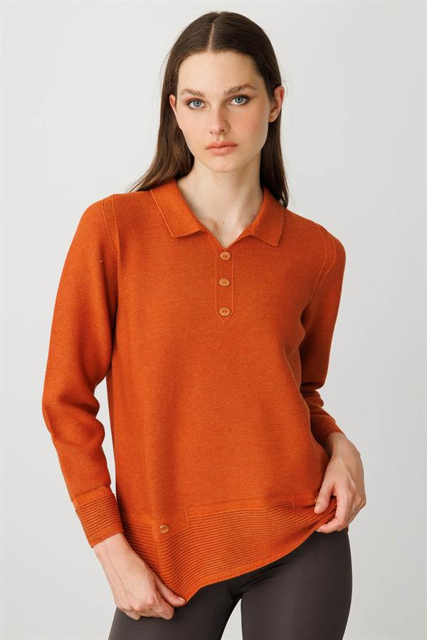 Kadın Polo Yaka Sahte Cepli Kazak Turuncu