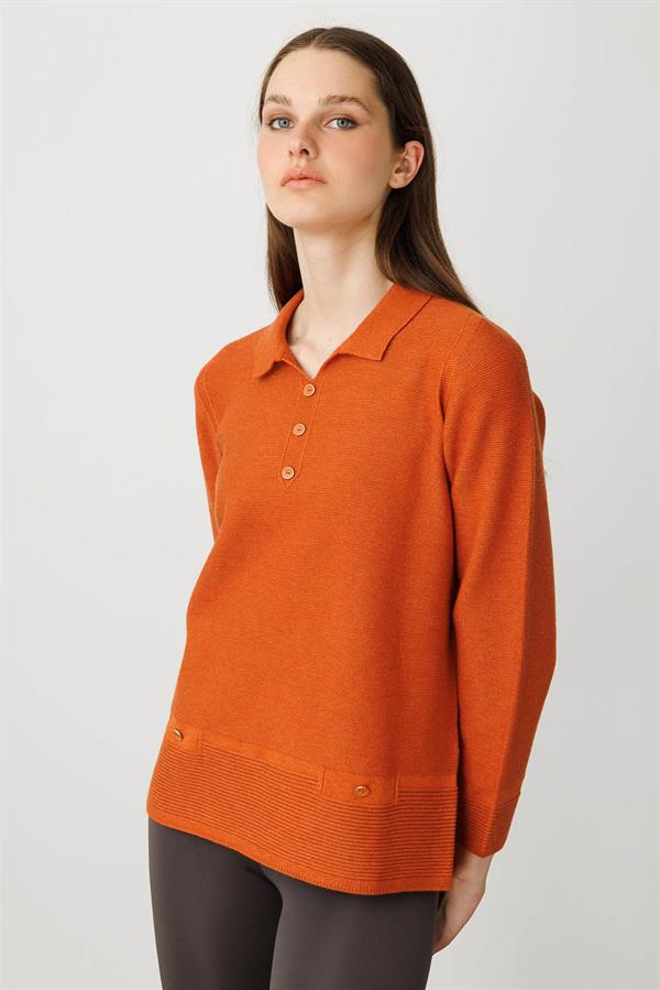 Kadın Polo Yaka Sahte Cepli Kazak Turuncu