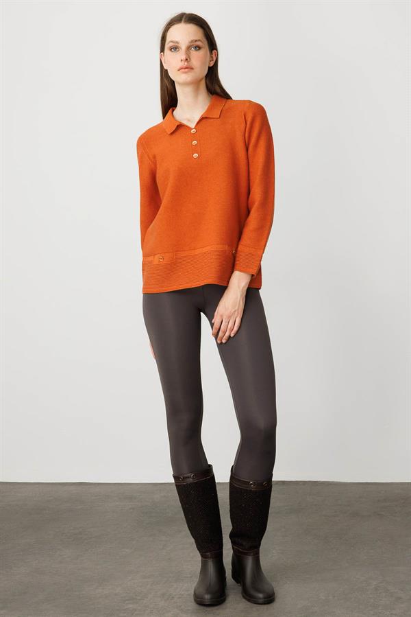 Kadın Polo Yaka Sahte Cepli Kazak Turuncu