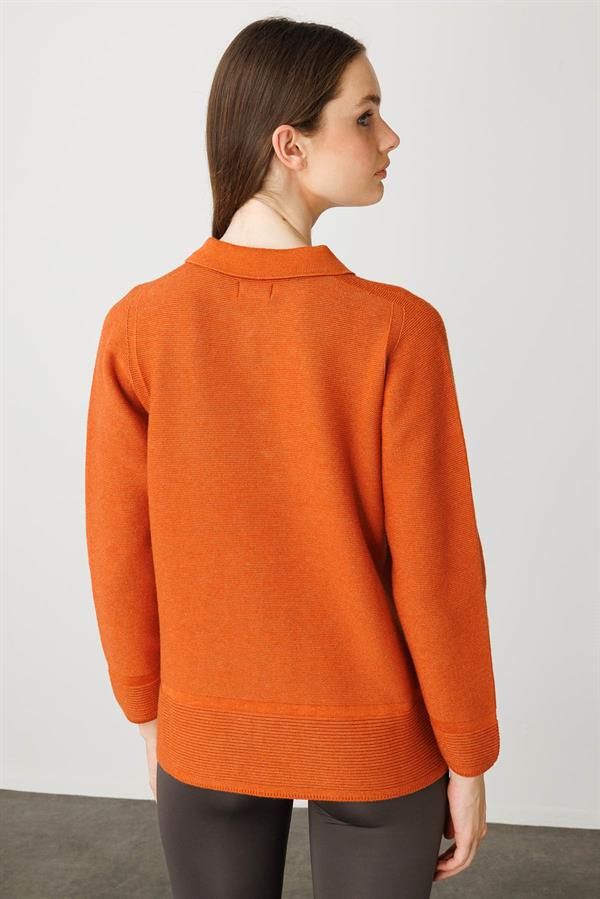 Kadın Polo Yaka Sahte Cepli Kazak Turuncu