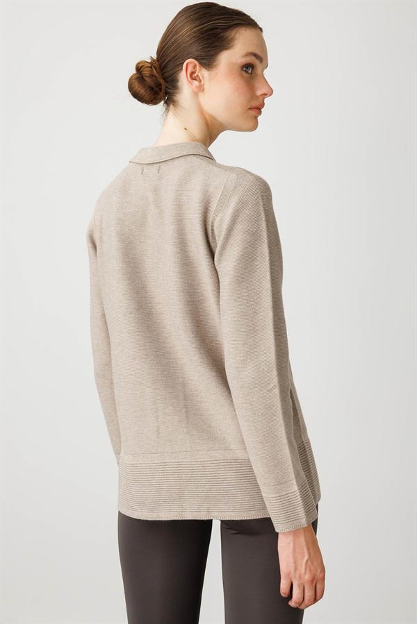 Kadın Polo Yaka Sahte Cepli Kazak Vizon