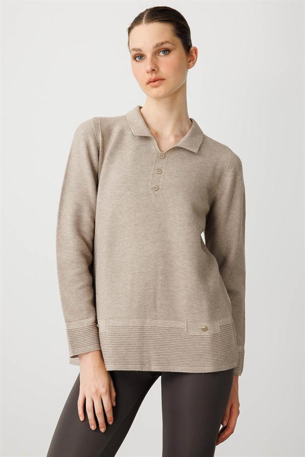 Kadın Polo Yaka Sahte Cepli Kazak Vizon