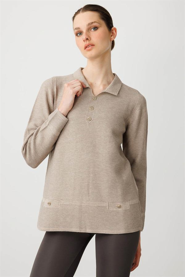 Kadın Polo Yaka Sahte Cepli Kazak Vizon