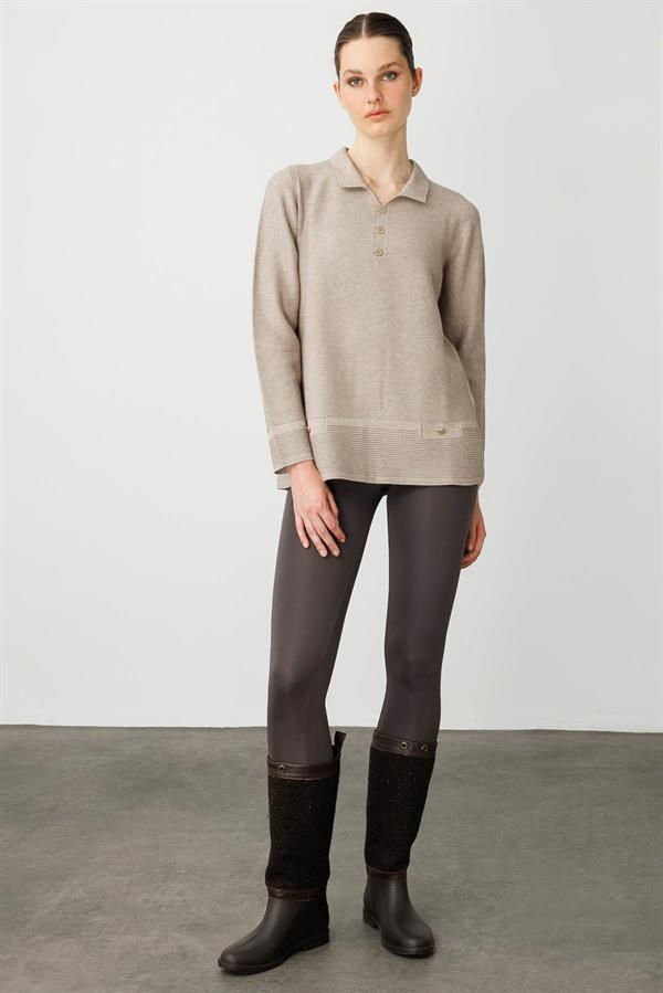 Kadın Polo Yaka Sahte Cepli Kazak Vizon