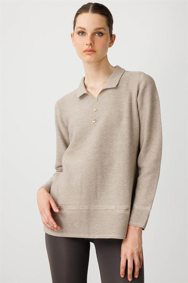 Kadın Polo Yaka Sahte Cepli Kazak Vizon