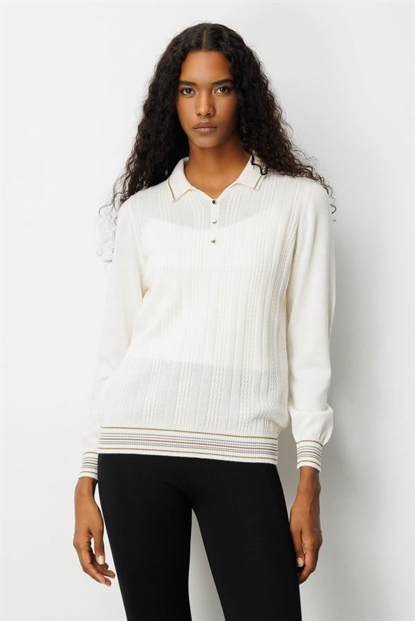 Kadın Polo Yaka Simli Çizgili Yün Bluz Kemik