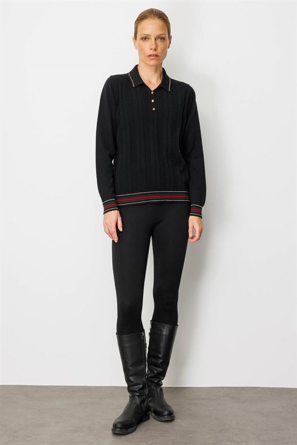 Kadın Polo Yaka Simli Çizgili Yün Bluz Siyah