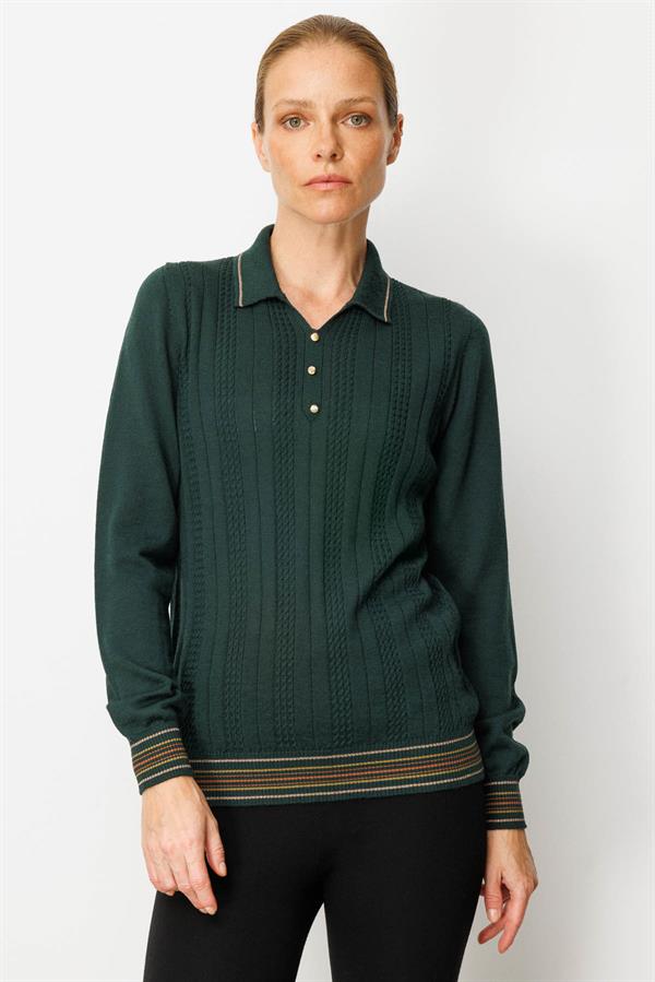 Kadın Polo Yaka Simli Çizgili Yün Bluz Yeşil