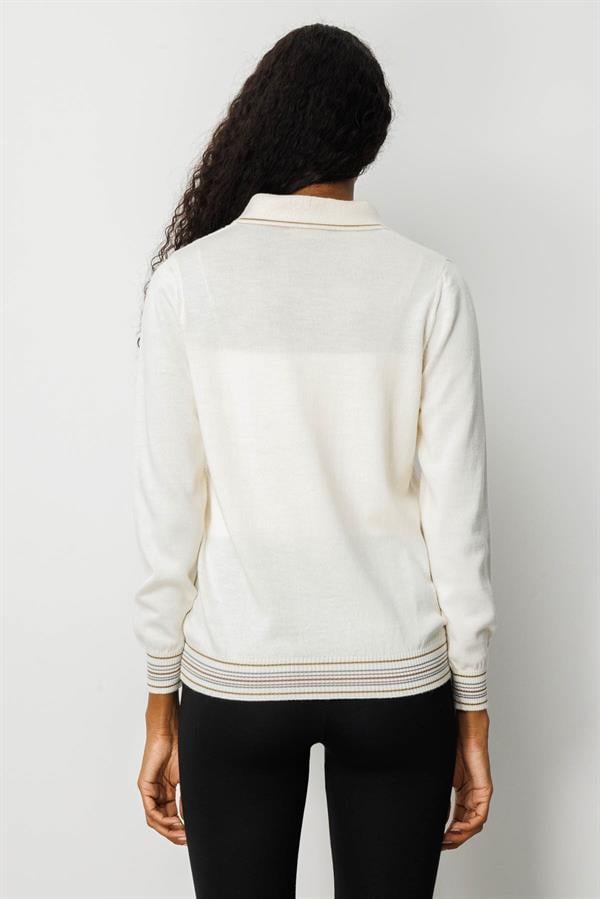 Kadın Polo Yaka Simli Çizgili Yün Bluz Kemik