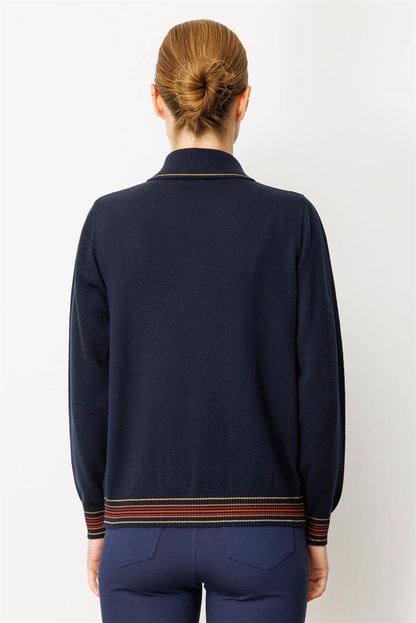 Kadın Polo Yaka Simli Çizgili Yün Bluz K.Lacivert