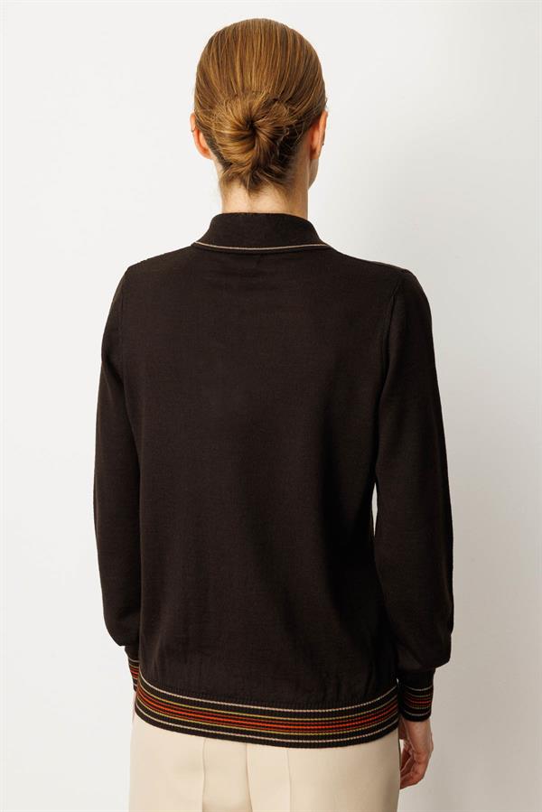 Kadın Polo Yaka Simli Çizgili Yün Bluz K.Kahve