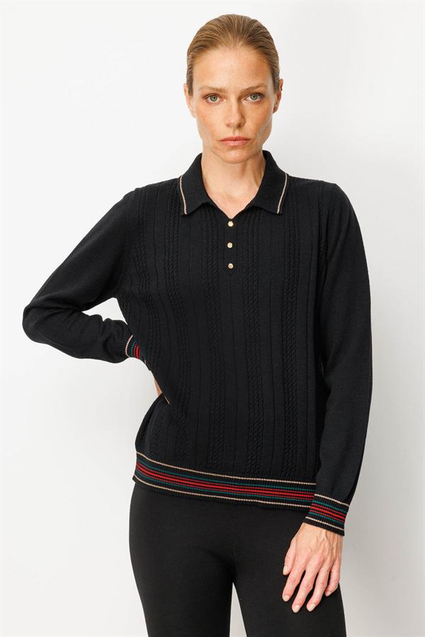 Kadın Polo Yaka Simli Çizgili Yün Bluz Siyah