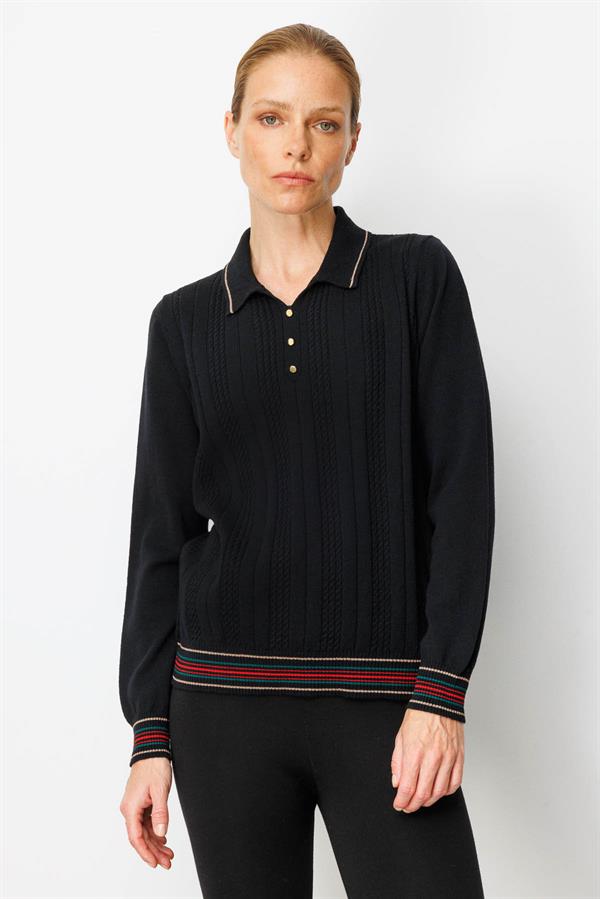 Kadın Polo Yaka Simli Çizgili Yün Bluz Siyah