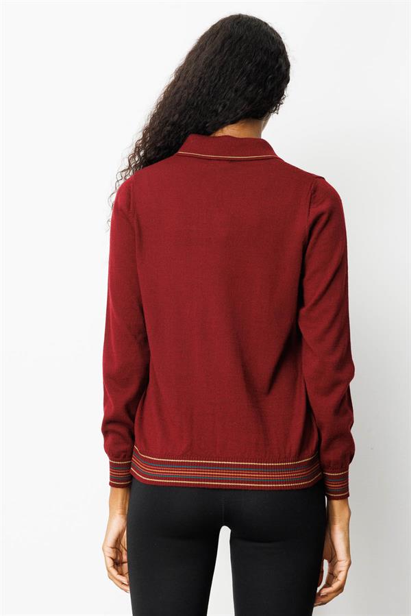 Kadın Polo Yaka Simli Çizgili Yün Bluz Bordo