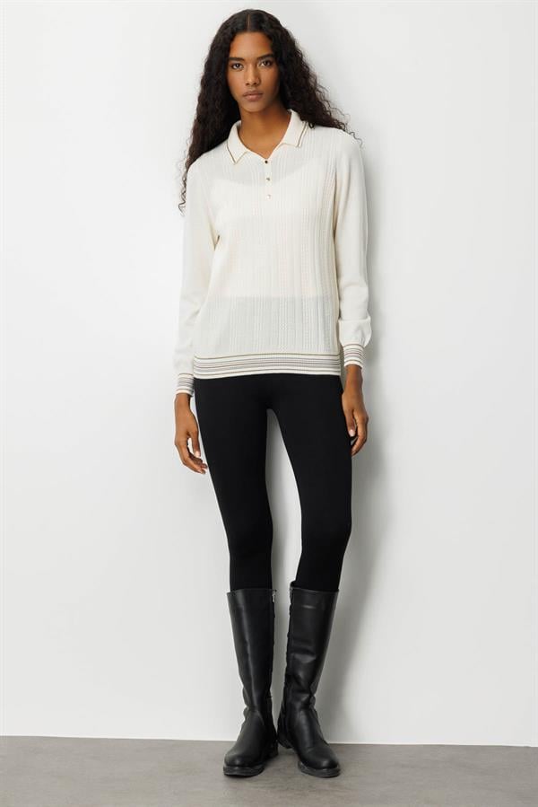 Kadın Polo Yaka Simli Çizgili Yün Bluz Kemik