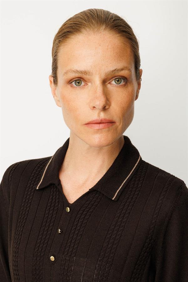 Kadın Polo Yaka Simli Çizgili Yün Bluz K.Kahve