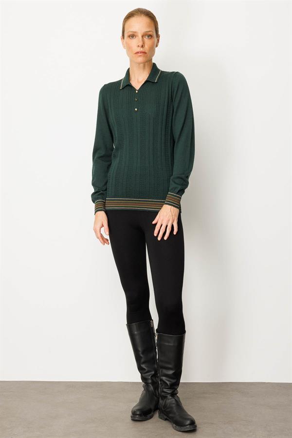 Kadın Polo Yaka Simli Çizgili Yün Bluz Yeşil