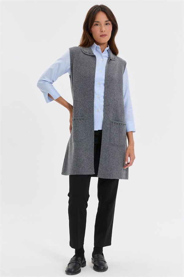 Womens Polo Neck Knitwear Colored Embroidered Long Wool Vest Gray