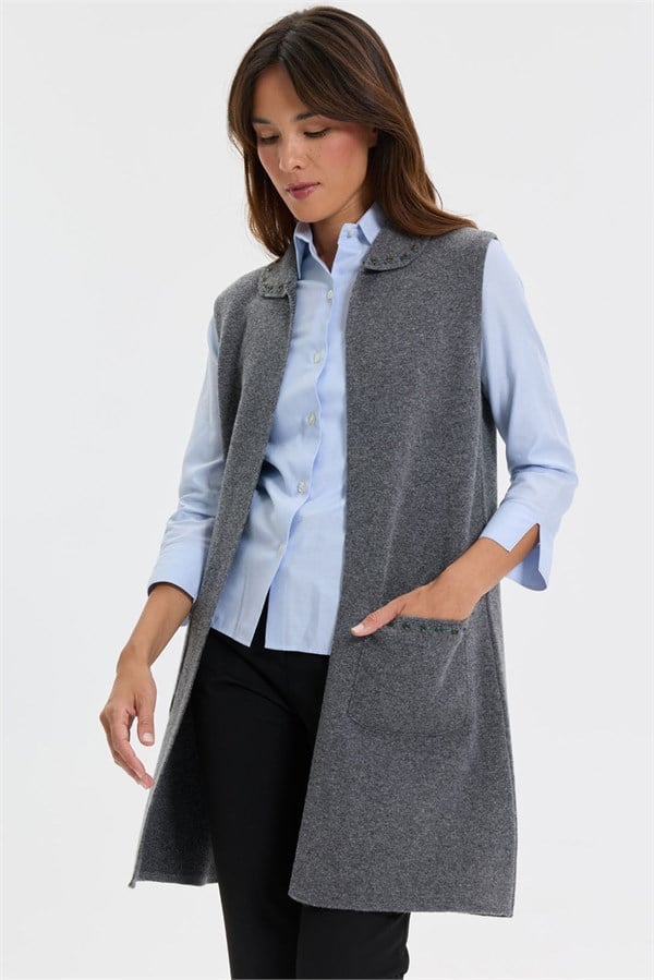 Womens Polo Neck Knitwear Colored Embroidered Long Wool Vest Gray