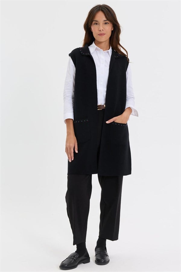 Womens Polo Neck Knitwear Colored Embroidered Long Wool Vest Black