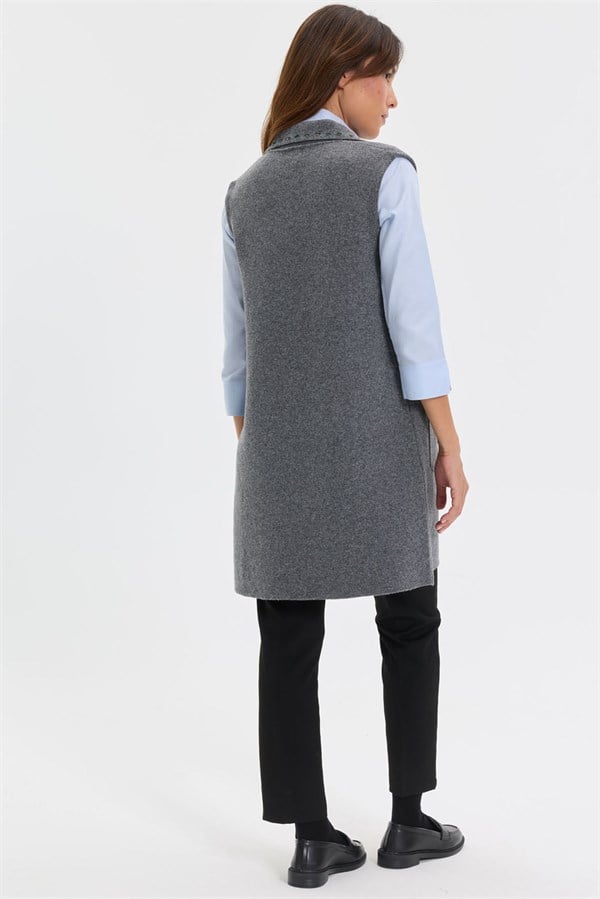Womens Polo Neck Knitwear Colored Embroidered Long Wool Vest Gray