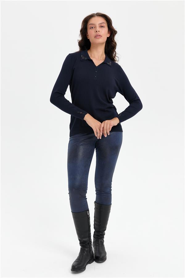 Kadın Polo Yaka Yakası İşlemeli Kazak K.Lacivert