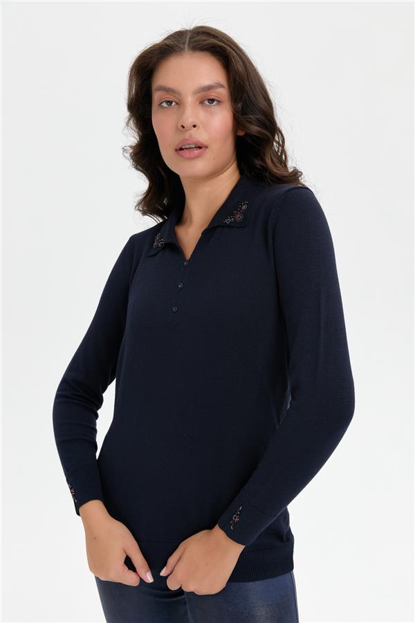 Kadın Polo Yaka Yakası İşlemeli Kazak K.Lacivert