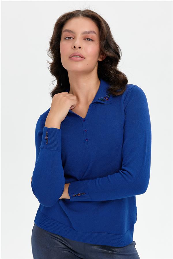 Kadın Polo Yaka Yakası İşlemeli Kazak K.Saks