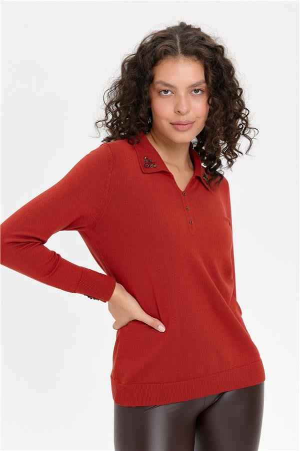 Kadın Polo Yaka Yakası İşlemeli Kazak K.Kiremit