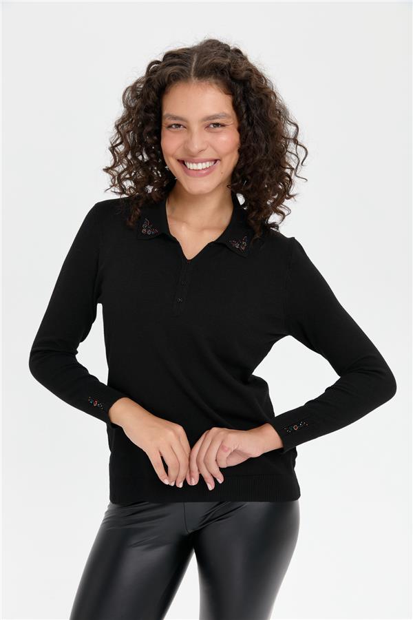 Kadın Polo Yaka Yakası İşlemeli Kazak Siyah