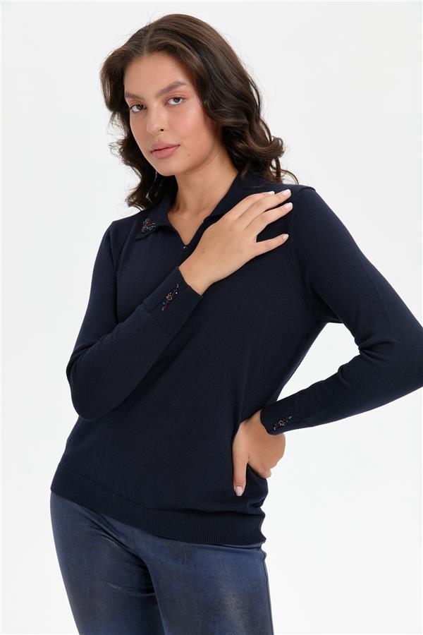Kadın Polo Yaka Yakası İşlemeli Kazak K.Lacivert